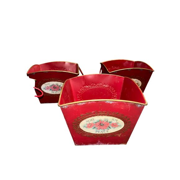 Red Metal Pot Tin Noel Joy Peace Christmas Holiday Flower Plant Planter Vase - Picture 3 of 16